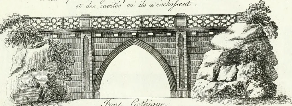 An illustration from Recueil de dessins d'une execution peu dispendieuse : contenans des plans de petites maisons de campagne, petits pavillons de jardins, temples, hermitages, chaumieres, monumens, obélisques, ruines, portails, portes, grilles, bancs de jardins, chaises, volieres, gondoles, ponts, etc. : ouvrage intéressant pour cette classes d'amateurs, qui sans faire de grandes dépenses, sont pourtant bien aises d'embellir leurs jardins d'ornamens nouveaux et pleins de goût, 1805, leaf 12