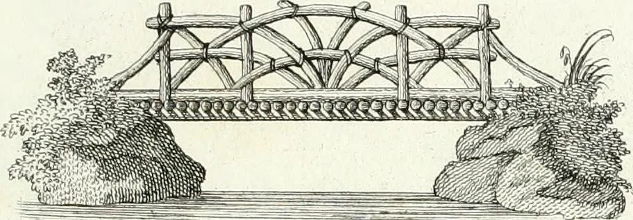 An illustration from Recueil de dessins d'une execution peu dispendieuse : contenans des plans de petites maisons de campagne, petits pavillons de jardins, temples, hermitages, chaumieres, monumens, obélisques, ruines, portails, portes, grilles, bancs de jardins, chaises, volieres, gondoles, ponts, etc. : ouvrage intéressant pour cette classes d'amateurs, qui sans faire de grandes dépenses, sont pourtant bien aises d'embellir leurs jardins d'ornamens nouveaux et pleins de goût, 1805, leaf 14