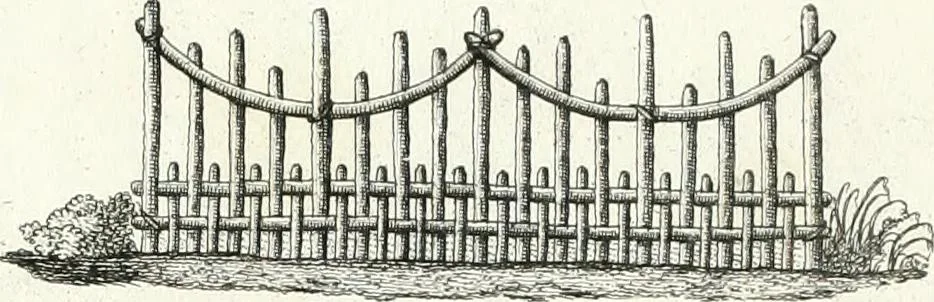 An illustration from Recueil de dessins d'une execution peu dispendieuse : contenans des plans de petites maisons de campagne, petits pavillons de jardins, temples, hermitages, chaumieres, monumens, obélisques, ruines, portails, portes, grilles, bancs de jardins, chaises, volieres, gondoles, ponts, etc. : ouvrage intéressant pour cette classes d'amateurs, qui sans faire de grandes dépenses, sont pourtant bien aises d'embellir leurs jardins d'ornamens nouveaux et pleins de goût, 1805, leaf 14