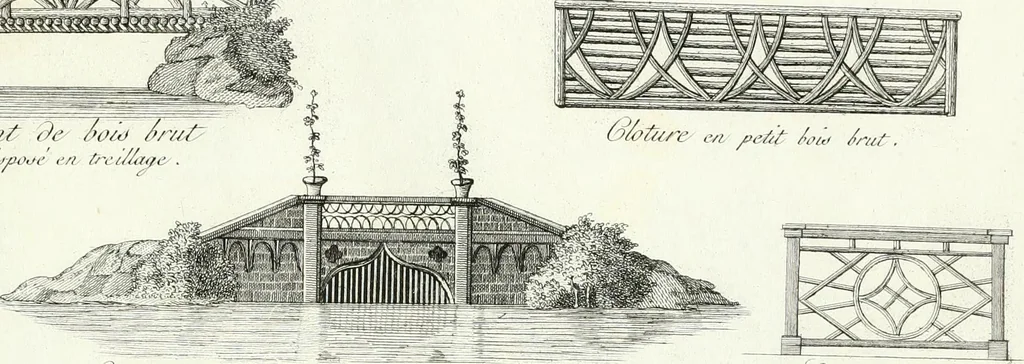 An illustration from Recueil de dessins d'une execution peu dispendieuse : contenans des plans de petites maisons de campagne, petits pavillons de jardins, temples, hermitages, chaumieres, monumens, obélisques, ruines, portails, portes, grilles, bancs de jardins, chaises, volieres, gondoles, ponts, etc. : ouvrage intéressant pour cette classes d'amateurs, qui sans faire de grandes dépenses, sont pourtant bien aises d'embellir leurs jardins d'ornamens nouveaux et pleins de goût, 1805, leaf 14