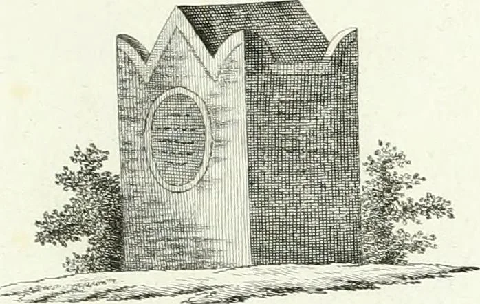 An illustration from Recueil de dessins d'une execution peu dispendieuse : contenans des plans de petites maisons de campagne, petits pavillons de jardins, temples, hermitages, chaumieres, monumens, obélisques, ruines, portails, portes, grilles, bancs de jardins, chaises, volieres, gondoles, ponts, etc. : ouvrage intéressant pour cette classes d'amateurs, qui sans faire de grandes dépenses, sont pourtant bien aises d'embellir leurs jardins d'ornamens nouveaux et pleins de goût, 1805, leaf 16