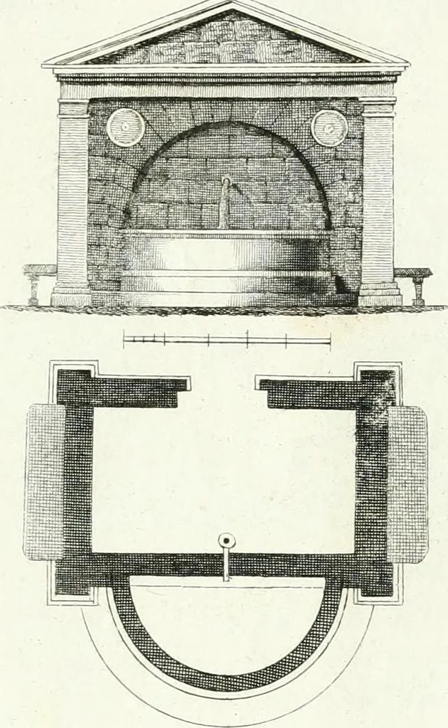 An illustration from Recueil de dessins d'une execution peu dispendieuse : contenans des plans de petites maisons de campagne, petits pavillons de jardins, temples, hermitages, chaumieres, monumens, obélisques, ruines, portails, portes, grilles, bancs de jardins, chaises, volieres, gondoles, ponts, etc. : ouvrage intéressant pour cette classes d'amateurs, qui sans faire de grandes dépenses, sont pourtant bien aises d'embellir leurs jardins d'ornamens nouveaux et pleins de goût, 1805, leaf 16
