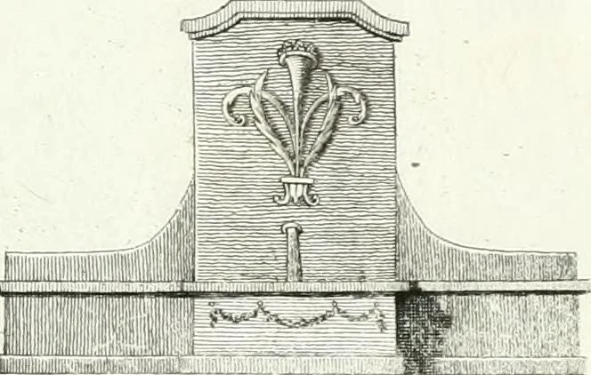 An illustration from Recueil de dessins d'une execution peu dispendieuse : contenans des plans de petites maisons de campagne, petits pavillons de jardins, temples, hermitages, chaumieres, monumens, obélisques, ruines, portails, portes, grilles, bancs de jardins, chaises, volieres, gondoles, ponts, etc. : ouvrage intéressant pour cette classes d'amateurs, qui sans faire de grandes dépenses, sont pourtant bien aises d'embellir leurs jardins d'ornamens nouveaux et pleins de goût, 1805, leaf 16
