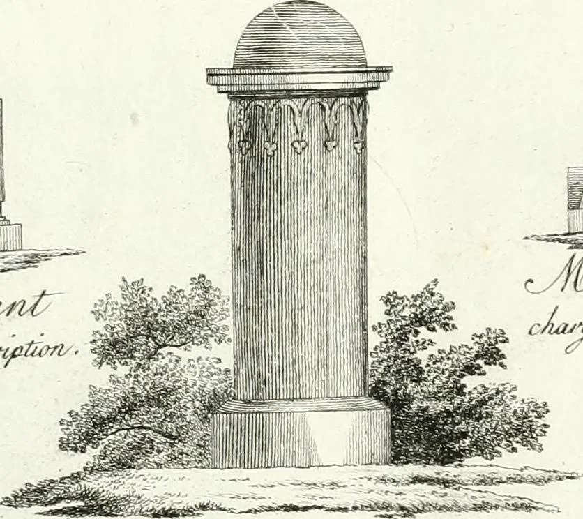An illustration from Recueil de dessins d'une execution peu dispendieuse : contenans des plans de petites maisons de campagne, petits pavillons de jardins, temples, hermitages, chaumieres, monumens, obélisques, ruines, portails, portes, grilles, bancs de jardins, chaises, volieres, gondoles, ponts, etc. : ouvrage intéressant pour cette classes d'amateurs, qui sans faire de grandes dépenses, sont pourtant bien aises d'embellir leurs jardins d'ornamens nouveaux et pleins de goût, 1805, leaf 16