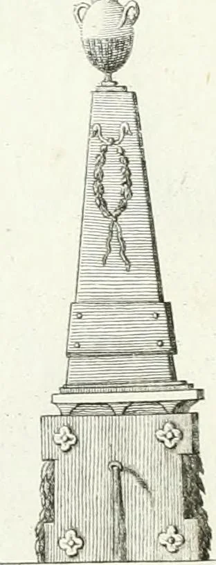 An illustration from Recueil de dessins d'une execution peu dispendieuse : contenans des plans de petites maisons de campagne, petits pavillons de jardins, temples, hermitages, chaumieres, monumens, obélisques, ruines, portails, portes, grilles, bancs de jardins, chaises, volieres, gondoles, ponts, etc. : ouvrage intéressant pour cette classes d'amateurs, qui sans faire de grandes dépenses, sont pourtant bien aises d'embellir leurs jardins d'ornamens nouveaux et pleins de goût, 1805, leaf 16