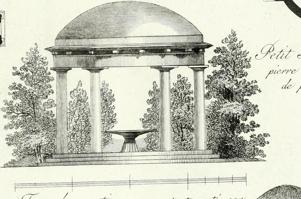An illustration from Recueil de dessins d'une execution peu dispendieuse : contenans des plans de petites maisons de campagne, petits pavillons de jardins, temples, hermitages, chaumieres, monumens, obélisques, ruines, portails, portes, grilles, bancs de jardins, chaises, volieres, gondoles, ponts, etc. : ouvrage intéressant pour cette classes d'amateurs, qui sans faire de grandes dépenses, sont pourtant bien aises d'embellir leurs jardins d'ornamens nouveaux et pleins de goût, 1805, leaf 18