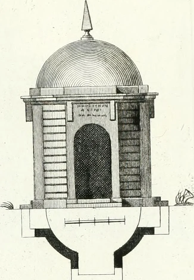 An illustration from Recueil de dessins d'une execution peu dispendieuse : contenans des plans de petites maisons de campagne, petits pavillons de jardins, temples, hermitages, chaumieres, monumens, obélisques, ruines, portails, portes, grilles, bancs de jardins, chaises, volieres, gondoles, ponts, etc. : ouvrage intéressant pour cette classes d'amateurs, qui sans faire de grandes dépenses, sont pourtant bien aises d'embellir leurs jardins d'ornamens nouveaux et pleins de goût, 1805, leaf 18