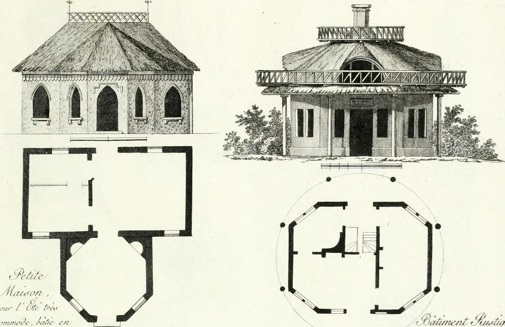 An illustration from Recueil de dessins d'une execution peu dispendieuse : contenans des plans de petites maisons de campagne, petits pavillons de jardins, temples, hermitages, chaumieres, monumens, obélisques, ruines, portails, portes, grilles, bancs de jardins, chaises, volieres, gondoles, ponts, etc. : ouvrage intéressant pour cette classes d'amateurs, qui sans faire de grandes dépenses, sont pourtant bien aises d'embellir leurs jardins d'ornamens nouveaux et pleins de goût, 1805, leaf 20