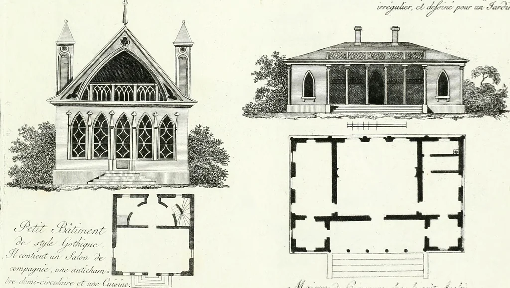 An illustration from Recueil de dessins d'une execution peu dispendieuse : contenans des plans de petites maisons de campagne, petits pavillons de jardins, temples, hermitages, chaumieres, monumens, obélisques, ruines, portails, portes, grilles, bancs de jardins, chaises, volieres, gondoles, ponts, etc. : ouvrage intéressant pour cette classes d'amateurs, qui sans faire de grandes dépenses, sont pourtant bien aises d'embellir leurs jardins d'ornamens nouveaux et pleins de goût, 1805, leaf 20