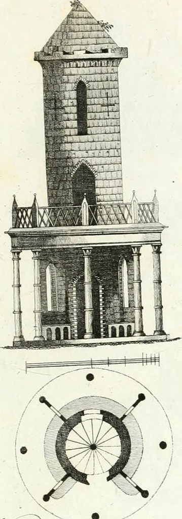 An illustration from Recueil de dessins d'une execution peu dispendieuse : contenans des plans de petites maisons de campagne, petits pavillons de jardins, temples, hermitages, chaumieres, monumens, obélisques, ruines, portails, portes, grilles, bancs de jardins, chaises, volieres, gondoles, ponts, etc. : ouvrage intéressant pour cette classes d'amateurs, qui sans faire de grandes dépenses, sont pourtant bien aises d'embellir leurs jardins d'ornamens nouveaux et pleins de goût, 1805, leaf 22
