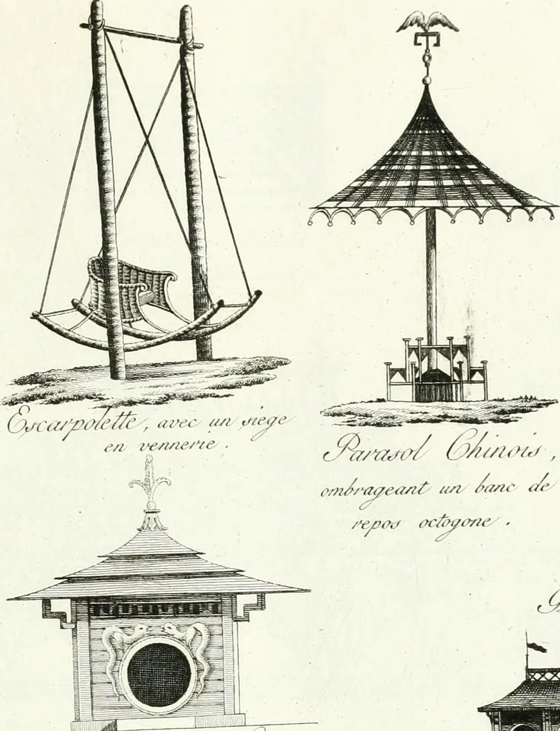 An illustration from Recueil de dessins d'une execution peu dispendieuse : contenans des plans de petites maisons de campagne, petits pavillons de jardins, temples, hermitages, chaumieres, monumens, obélisques, ruines, portails, portes, grilles, bancs de jardins, chaises, volieres, gondoles, ponts, etc. : ouvrage intéressant pour cette classes d'amateurs, qui sans faire de grandes dépenses, sont pourtant bien aises d'embellir leurs jardins d'ornamens nouveaux et pleins de goût, 1805, leaf 22