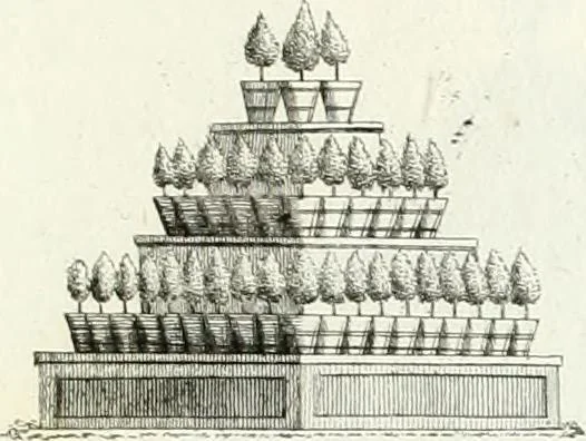 An illustration from Recueil de dessins d'une execution peu dispendieuse : contenans des plans de petites maisons de campagne, petits pavillons de jardins, temples, hermitages, chaumieres, monumens, obélisques, ruines, portails, portes, grilles, bancs de jardins, chaises, volieres, gondoles, ponts, etc. : ouvrage intéressant pour cette classes d'amateurs, qui sans faire de grandes dépenses, sont pourtant bien aises d'embellir leurs jardins d'ornamens nouveaux et pleins de goût, 1805, leaf 24