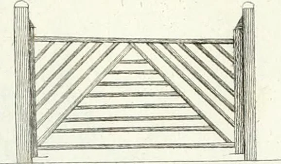 An illustration from Recueil de dessins d'une execution peu dispendieuse : contenans des plans de petites maisons de campagne, petits pavillons de jardins, temples, hermitages, chaumieres, monumens, obélisques, ruines, portails, portes, grilles, bancs de jardins, chaises, volieres, gondoles, ponts, etc. : ouvrage intéressant pour cette classes d'amateurs, qui sans faire de grandes dépenses, sont pourtant bien aises d'embellir leurs jardins d'ornamens nouveaux et pleins de goût, 1805, leaf 24