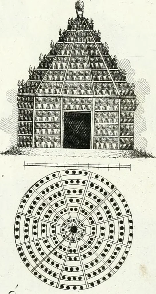 An illustration from Recueil de dessins d'une execution peu dispendieuse : contenans des plans de petites maisons de campagne, petits pavillons de jardins, temples, hermitages, chaumieres, monumens, obélisques, ruines, portails, portes, grilles, bancs de jardins, chaises, volieres, gondoles, ponts, etc. : ouvrage intéressant pour cette classes d'amateurs, qui sans faire de grandes dépenses, sont pourtant bien aises d'embellir leurs jardins d'ornamens nouveaux et pleins de goût, 1805, leaf 24