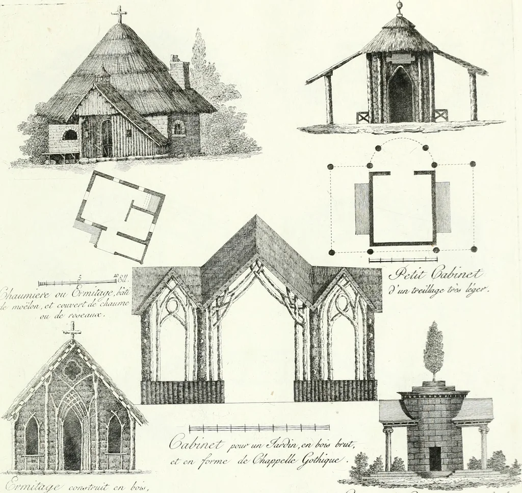 An illustration from Recueil de dessins d'une execution peu dispendieuse : contenans des plans de petites maisons de campagne, petits pavillons de jardins, temples, hermitages, chaumieres, monumens, obélisques, ruines, portails, portes, grilles, bancs de jardins, chaises, volieres, gondoles, ponts, etc. : ouvrage intéressant pour cette classes d'amateurs, qui sans faire de grandes dépenses, sont pourtant bien aises d'embellir leurs jardins d'ornamens nouveaux et pleins de goût, 1805, leaf 26