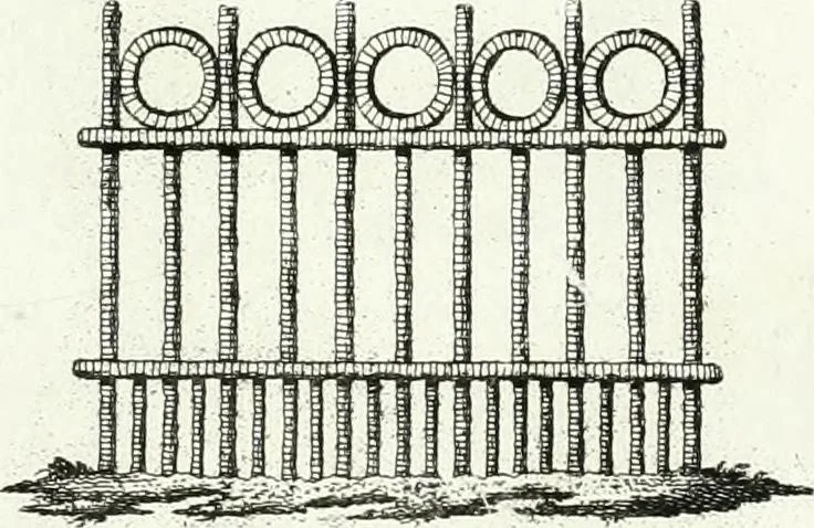 An illustration from Recueil de dessins d'une execution peu dispendieuse : contenans des plans de petites maisons de campagne, petits pavillons de jardins, temples, hermitages, chaumieres, monumens, obélisques, ruines, portails, portes, grilles, bancs de jardins, chaises, volieres, gondoles, ponts, etc. : ouvrage intéressant pour cette classes d'amateurs, qui sans faire de grandes dépenses, sont pourtant bien aises d'embellir leurs jardins d'ornamens nouveaux et pleins de goût, 1805, leaf 28