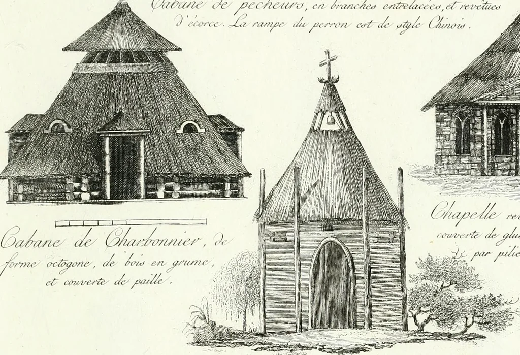 An illustration from Recueil de dessins d'une execution peu dispendieuse : contenans des plans de petites maisons de campagne, petits pavillons de jardins, temples, hermitages, chaumieres, monumens, obélisques, ruines, portails, portes, grilles, bancs de jardins, chaises, volieres, gondoles, ponts, etc. : ouvrage intéressant pour cette classes d'amateurs, qui sans faire de grandes dépenses, sont pourtant bien aises d'embellir leurs jardins d'ornamens nouveaux et pleins de goût, 1805, leaf 30