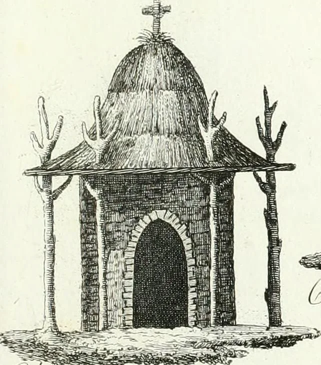 An illustration from Recueil de dessins d'une execution peu dispendieuse : contenans des plans de petites maisons de campagne, petits pavillons de jardins, temples, hermitages, chaumieres, monumens, obélisques, ruines, portails, portes, grilles, bancs de jardins, chaises, volieres, gondoles, ponts, etc. : ouvrage intéressant pour cette classes d'amateurs, qui sans faire de grandes dépenses, sont pourtant bien aises d'embellir leurs jardins d'ornamens nouveaux et pleins de goût, 1805, leaf 30