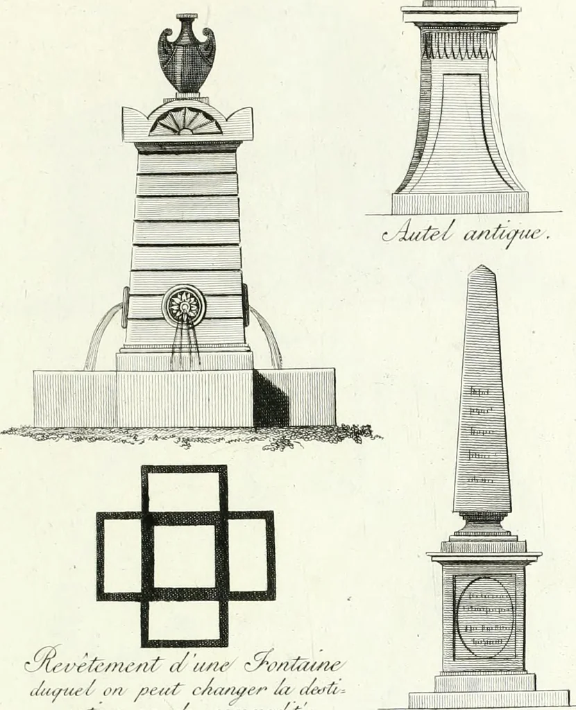 An illustration from Recueil de dessins d'une execution peu dispendieuse : contenans des plans de petites maisons de campagne, petits pavillons de jardins, temples, hermitages, chaumieres, monumens, obélisques, ruines, portails, portes, grilles, bancs de jardins, chaises, volieres, gondoles, ponts, etc. : ouvrage intéressant pour cette classes d'amateurs, qui sans faire de grandes dépenses, sont pourtant bien aises d'embellir leurs jardins d'ornamens nouveaux et pleins de goût, 1805, leaf 32
