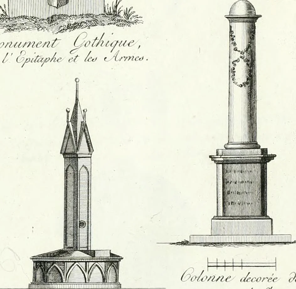 An illustration from Recueil de dessins d'une execution peu dispendieuse : contenans des plans de petites maisons de campagne, petits pavillons de jardins, temples, hermitages, chaumieres, monumens, obélisques, ruines, portails, portes, grilles, bancs de jardins, chaises, volieres, gondoles, ponts, etc. : ouvrage intéressant pour cette classes d'amateurs, qui sans faire de grandes dépenses, sont pourtant bien aises d'embellir leurs jardins d'ornamens nouveaux et pleins de goût, 1805, leaf 32