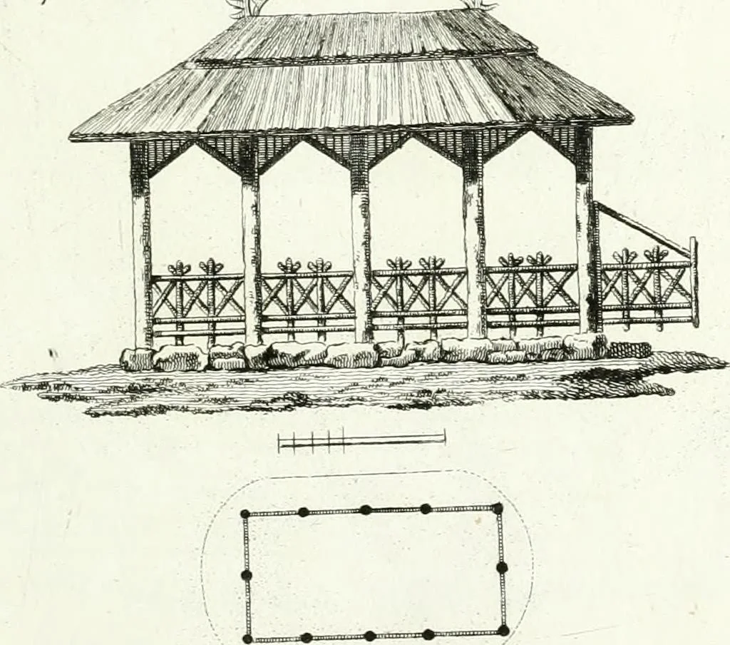 An illustration from Recueil de dessins d'une execution peu dispendieuse : contenans des plans de petites maisons de campagne, petits pavillons de jardins, temples, hermitages, chaumieres, monumens, obélisques, ruines, portails, portes, grilles, bancs de jardins, chaises, volieres, gondoles, ponts, etc. : ouvrage intéressant pour cette classes d'amateurs, qui sans faire de grandes dépenses, sont pourtant bien aises d'embellir leurs jardins d'ornamens nouveaux et pleins de goût, 1805, leaf 34