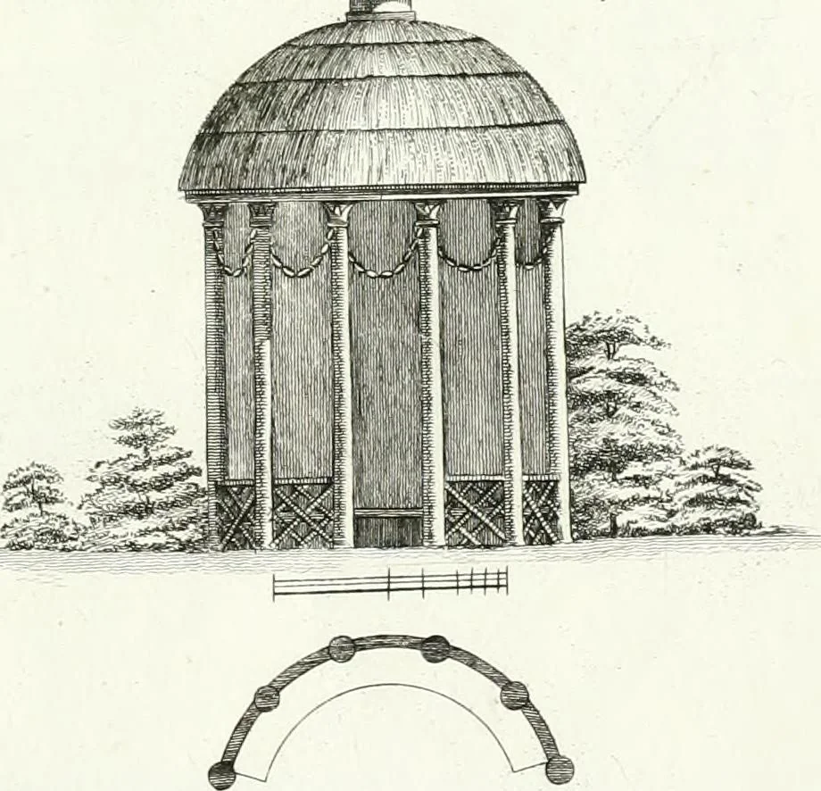 An illustration from Recueil de dessins d'une execution peu dispendieuse : contenans des plans de petites maisons de campagne, petits pavillons de jardins, temples, hermitages, chaumieres, monumens, obélisques, ruines, portails, portes, grilles, bancs de jardins, chaises, volieres, gondoles, ponts, etc. : ouvrage intéressant pour cette classes d'amateurs, qui sans faire de grandes dépenses, sont pourtant bien aises d'embellir leurs jardins d'ornamens nouveaux et pleins de goût, 1805, leaf 34