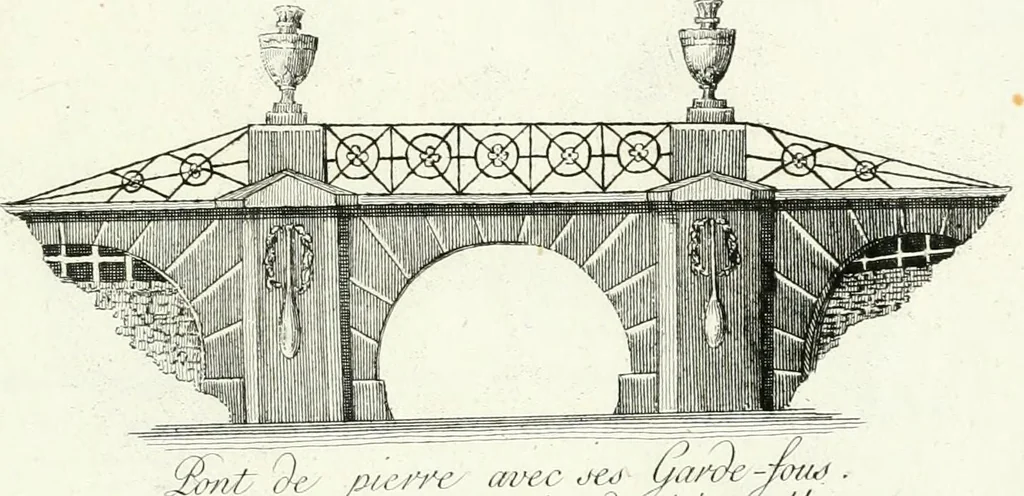 An illustration from Recueil de dessins d'une execution peu dispendieuse : contenans des plans de petites maisons de campagne, petits pavillons de jardins, temples, hermitages, chaumieres, monumens, obélisques, ruines, portails, portes, grilles, bancs de jardins, chaises, volieres, gondoles, ponts, etc. : ouvrage intéressant pour cette classes d'amateurs, qui sans faire de grandes dépenses, sont pourtant bien aises d'embellir leurs jardins d'ornamens nouveaux et pleins de goût, 1805, leaf 36