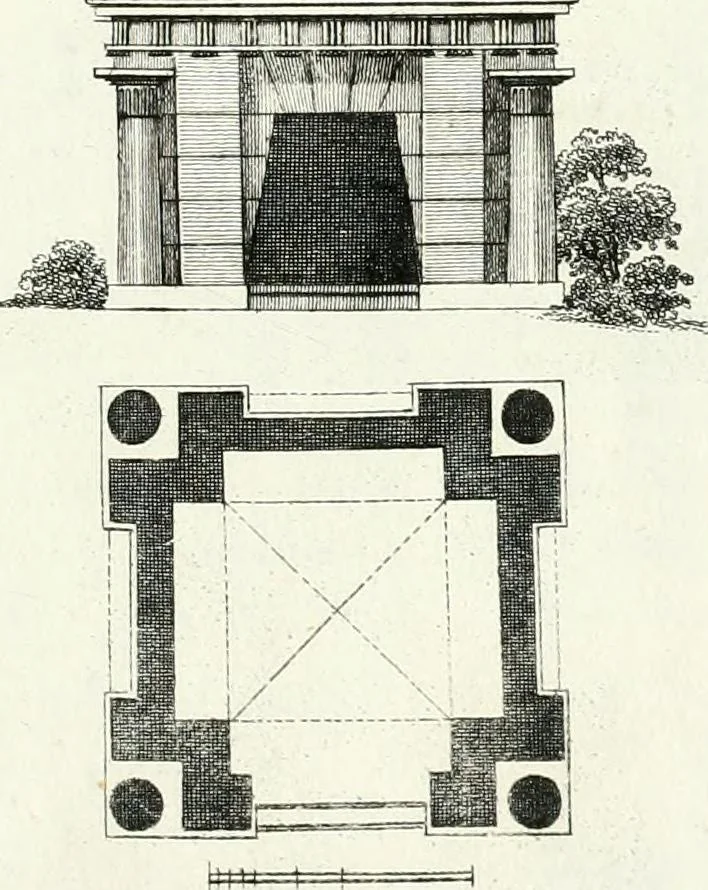 An illustration from Recueil de dessins d'une execution peu dispendieuse : contenans des plans de petites maisons de campagne, petits pavillons de jardins, temples, hermitages, chaumieres, monumens, obélisques, ruines, portails, portes, grilles, bancs de jardins, chaises, volieres, gondoles, ponts, etc. : ouvrage intéressant pour cette classes d'amateurs, qui sans faire de grandes dépenses, sont pourtant bien aises d'embellir leurs jardins d'ornamens nouveaux et pleins de goût, 1805, leaf 38