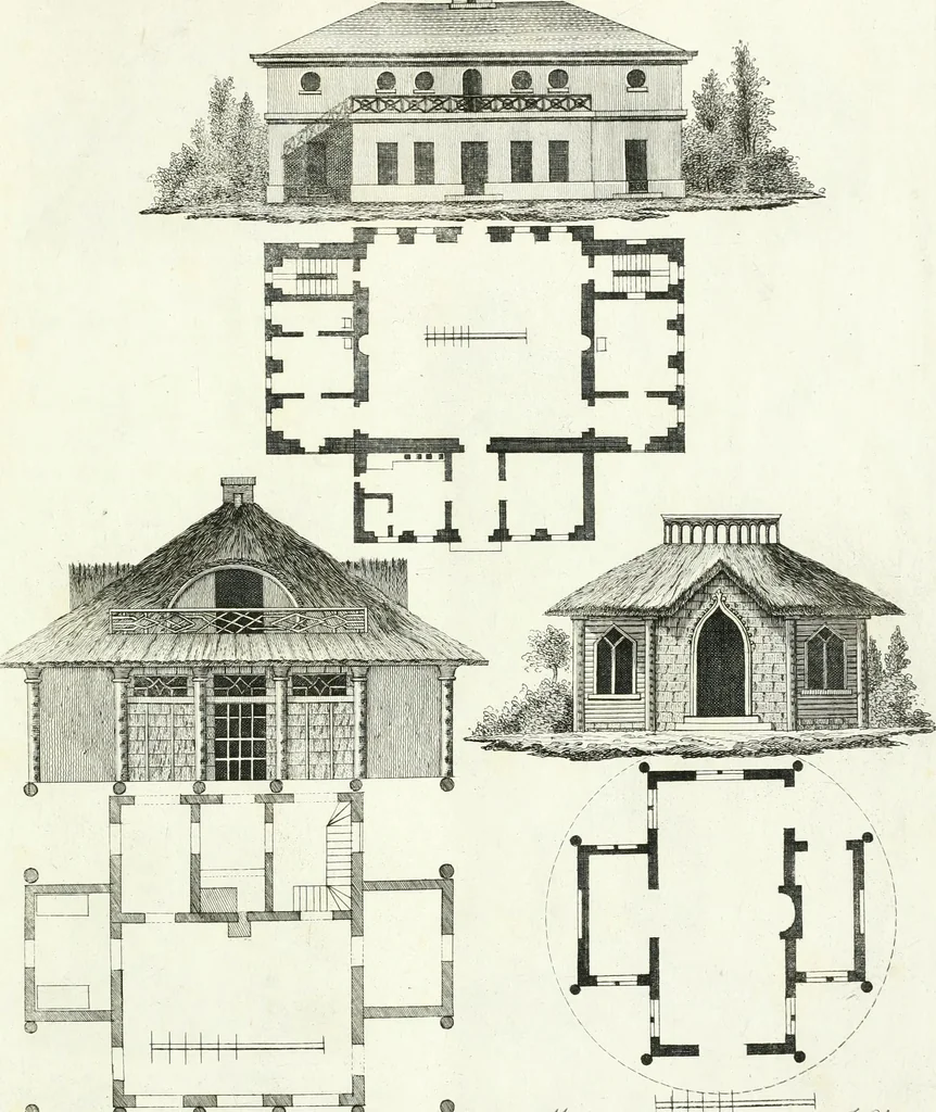 An illustration from Recueil de dessins d'une execution peu dispendieuse : contenans des plans de petites maisons de campagne, petits pavillons de jardins, temples, hermitages, chaumieres, monumens, obélisques, ruines, portails, portes, grilles, bancs de jardins, chaises, volieres, gondoles, ponts, etc. : ouvrage intéressant pour cette classes d'amateurs, qui sans faire de grandes dépenses, sont pourtant bien aises d'embellir leurs jardins d'ornamens nouveaux et pleins de goût, 1805, leaf 4