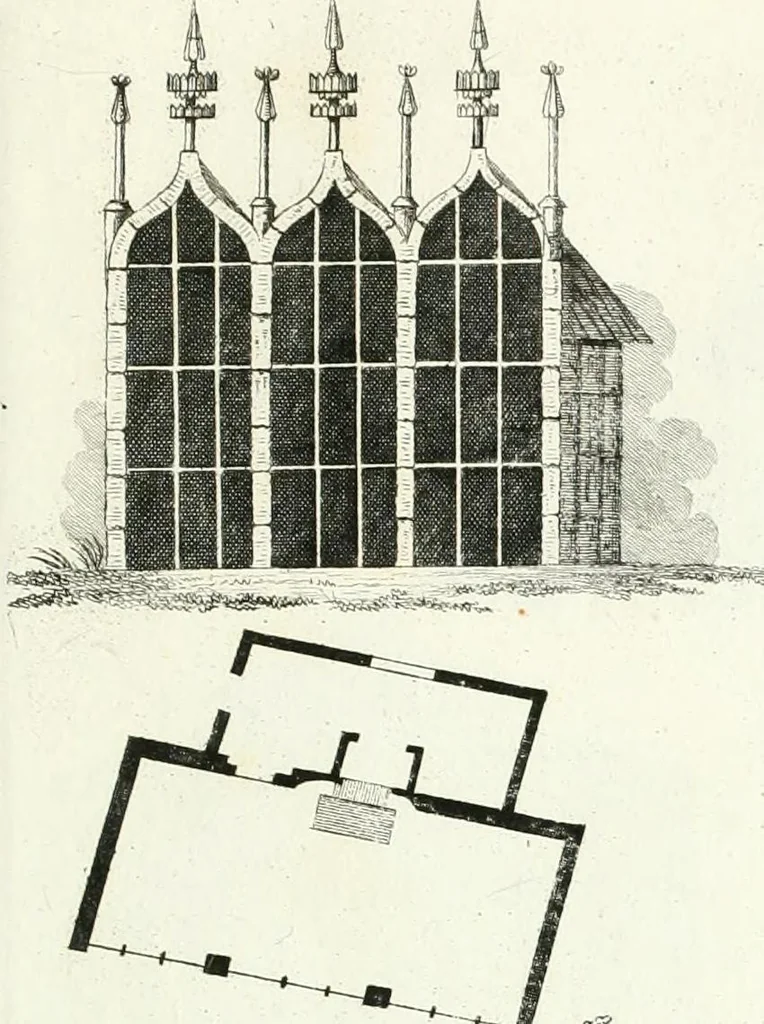 An illustration from Recueil de dessins d'une execution peu dispendieuse : contenans des plans de petites maisons de campagne, petits pavillons de jardins, temples, hermitages, chaumieres, monumens, obélisques, ruines, portails, portes, grilles, bancs de jardins, chaises, volieres, gondoles, ponts, etc. : ouvrage intéressant pour cette classes d'amateurs, qui sans faire de grandes dépenses, sont pourtant bien aises d'embellir leurs jardins d'ornamens nouveaux et pleins de goût, 1805, leaf 40