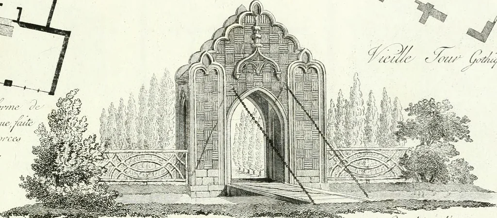 An illustration from Recueil de dessins d'une execution peu dispendieuse : contenans des plans de petites maisons de campagne, petits pavillons de jardins, temples, hermitages, chaumieres, monumens, obélisques, ruines, portails, portes, grilles, bancs de jardins, chaises, volieres, gondoles, ponts, etc. : ouvrage intéressant pour cette classes d'amateurs, qui sans faire de grandes dépenses, sont pourtant bien aises d'embellir leurs jardins d'ornamens nouveaux et pleins de goût, 1805, leaf 40