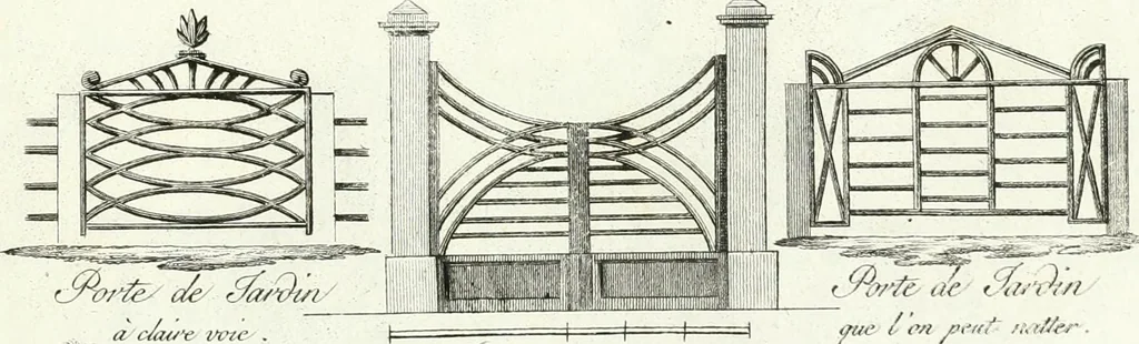 An illustration from Recueil de dessins d'une execution peu dispendieuse : contenans des plans de petites maisons de campagne, petits pavillons de jardins, temples, hermitages, chaumieres, monumens, obélisques, ruines, portails, portes, grilles, bancs de jardins, chaises, volieres, gondoles, ponts, etc. : ouvrage intéressant pour cette classes d'amateurs, qui sans faire de grandes dépenses, sont pourtant bien aises d'embellir leurs jardins d'ornamens nouveaux et pleins de goût, 1805, leaf 40