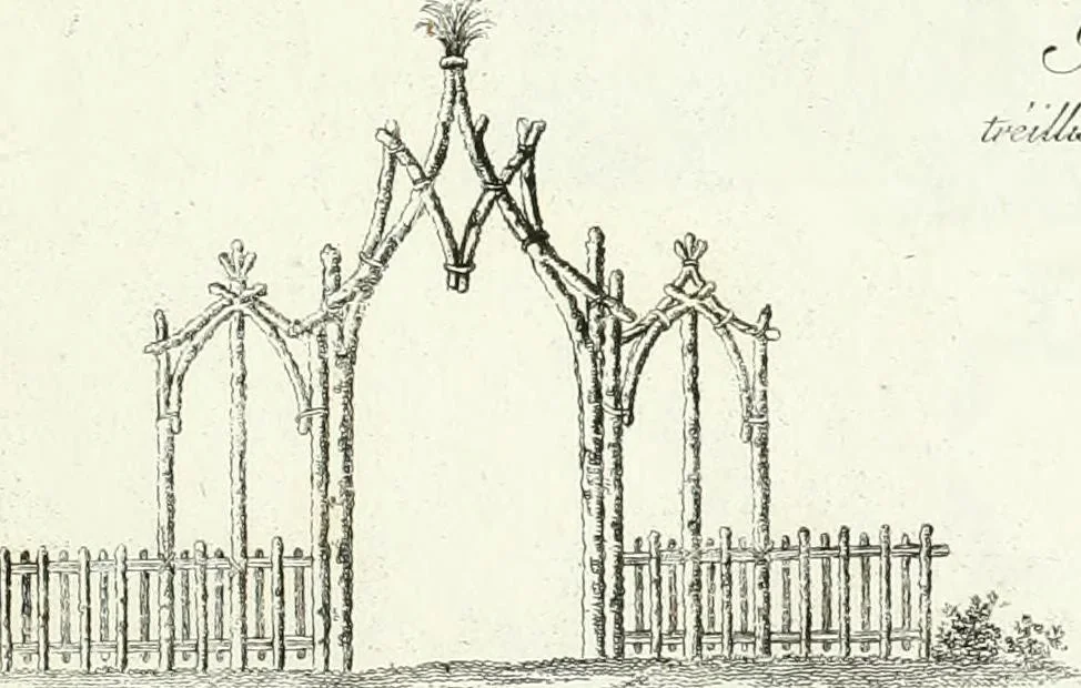 An illustration from Recueil de dessins d'une execution peu dispendieuse : contenans des plans de petites maisons de campagne, petits pavillons de jardins, temples, hermitages, chaumieres, monumens, obélisques, ruines, portails, portes, grilles, bancs de jardins, chaises, volieres, gondoles, ponts, etc. : ouvrage intéressant pour cette classes d'amateurs, qui sans faire de grandes dépenses, sont pourtant bien aises d'embellir leurs jardins d'ornamens nouveaux et pleins de goût, 1805, leaf 40