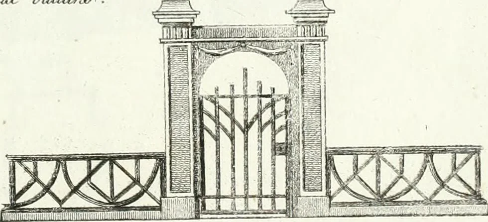 An illustration from Recueil de dessins d'une execution peu dispendieuse : contenans des plans de petites maisons de campagne, petits pavillons de jardins, temples, hermitages, chaumieres, monumens, obélisques, ruines, portails, portes, grilles, bancs de jardins, chaises, volieres, gondoles, ponts, etc. : ouvrage intéressant pour cette classes d'amateurs, qui sans faire de grandes dépenses, sont pourtant bien aises d'embellir leurs jardins d'ornamens nouveaux et pleins de goût, 1805, leaf 40
