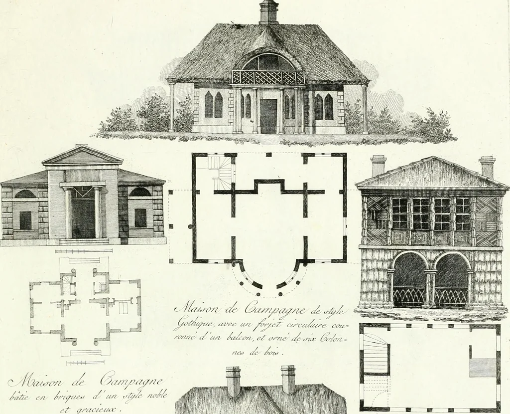 An illustration from Recueil de dessins d'une execution peu dispendieuse : contenans des plans de petites maisons de campagne, petits pavillons de jardins, temples, hermitages, chaumieres, monumens, obélisques, ruines, portails, portes, grilles, bancs de jardins, chaises, volieres, gondoles, ponts, etc. : ouvrage intéressant pour cette classes d'amateurs, qui sans faire de grandes dépenses, sont pourtant bien aises d'embellir leurs jardins d'ornamens nouveaux et pleins de goût, 1805, leaf 42
