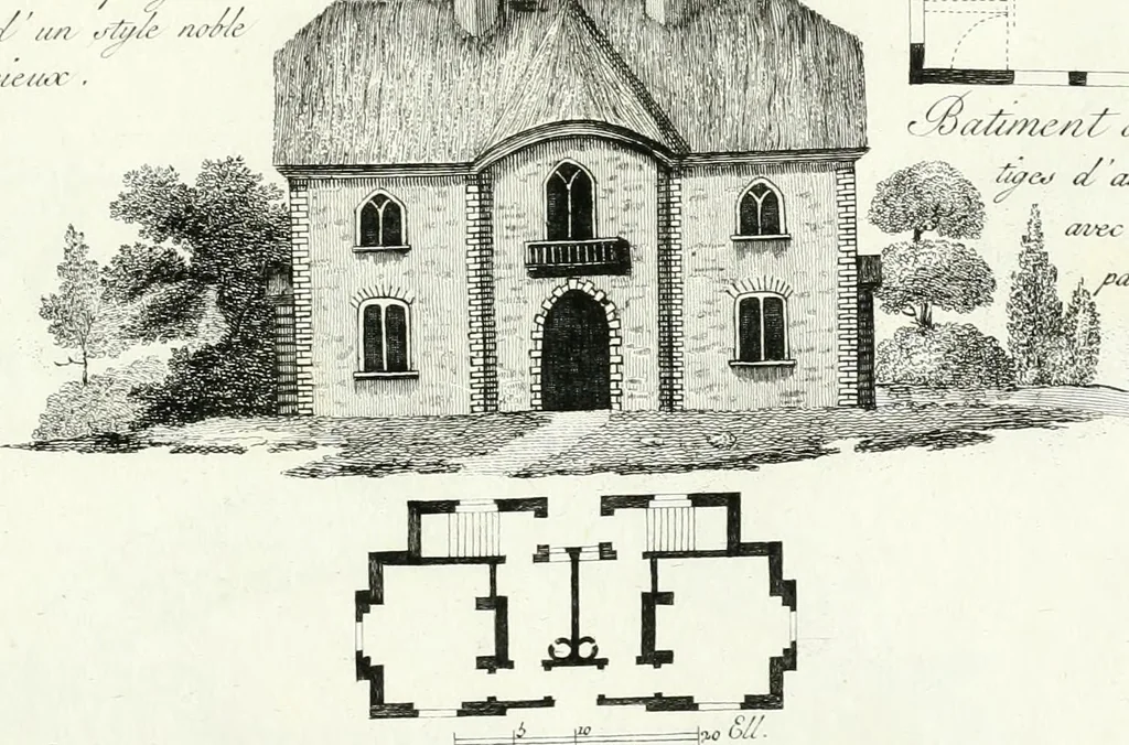 An illustration from Recueil de dessins d'une execution peu dispendieuse : contenans des plans de petites maisons de campagne, petits pavillons de jardins, temples, hermitages, chaumieres, monumens, obélisques, ruines, portails, portes, grilles, bancs de jardins, chaises, volieres, gondoles, ponts, etc. : ouvrage intéressant pour cette classes d'amateurs, qui sans faire de grandes dépenses, sont pourtant bien aises d'embellir leurs jardins d'ornamens nouveaux et pleins de goût, 1805, leaf 42