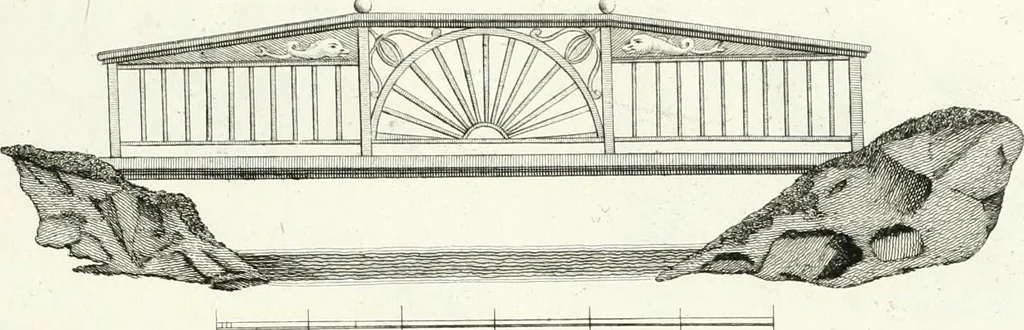 An illustration from Recueil de dessins d'une execution peu dispendieuse : contenans des plans de petites maisons de campagne, petits pavillons de jardins, temples, hermitages, chaumieres, monumens, obélisques, ruines, portails, portes, grilles, bancs de jardins, chaises, volieres, gondoles, ponts, etc. : ouvrage intéressant pour cette classes d'amateurs, qui sans faire de grandes dépenses, sont pourtant bien aises d'embellir leurs jardins d'ornamens nouveaux et pleins de goût, 1805, leaf 44