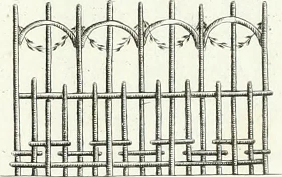An illustration from Recueil de dessins d'une execution peu dispendieuse : contenans des plans de petites maisons de campagne, petits pavillons de jardins, temples, hermitages, chaumieres, monumens, obélisques, ruines, portails, portes, grilles, bancs de jardins, chaises, volieres, gondoles, ponts, etc. : ouvrage intéressant pour cette classes d'amateurs, qui sans faire de grandes dépenses, sont pourtant bien aises d'embellir leurs jardins d'ornamens nouveaux et pleins de goût, 1805, leaf 44