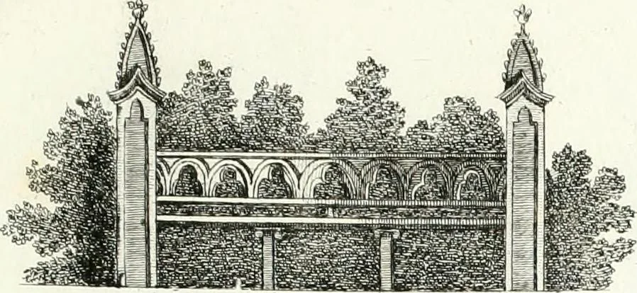 An illustration from Recueil de dessins d'une execution peu dispendieuse : contenans des plans de petites maisons de campagne, petits pavillons de jardins, temples, hermitages, chaumieres, monumens, obélisques, ruines, portails, portes, grilles, bancs de jardins, chaises, volieres, gondoles, ponts, etc. : ouvrage intéressant pour cette classes d'amateurs, qui sans faire de grandes dépenses, sont pourtant bien aises d'embellir leurs jardins d'ornamens nouveaux et pleins de goût, 1805, leaf 46