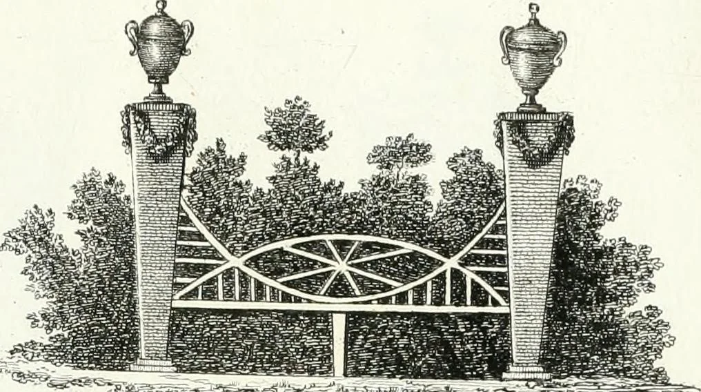 An illustration from Recueil de dessins d'une execution peu dispendieuse : contenans des plans de petites maisons de campagne, petits pavillons de jardins, temples, hermitages, chaumieres, monumens, obélisques, ruines, portails, portes, grilles, bancs de jardins, chaises, volieres, gondoles, ponts, etc. : ouvrage intéressant pour cette classes d'amateurs, qui sans faire de grandes dépenses, sont pourtant bien aises d'embellir leurs jardins d'ornamens nouveaux et pleins de goût, 1805, leaf 46