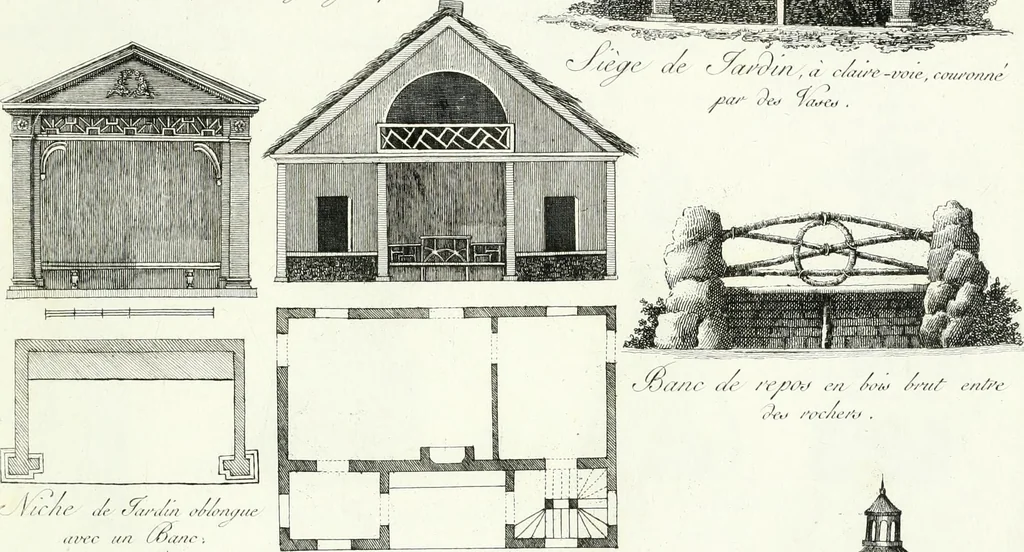 An illustration from Recueil de dessins d'une execution peu dispendieuse : contenans des plans de petites maisons de campagne, petits pavillons de jardins, temples, hermitages, chaumieres, monumens, obélisques, ruines, portails, portes, grilles, bancs de jardins, chaises, volieres, gondoles, ponts, etc. : ouvrage intéressant pour cette classes d'amateurs, qui sans faire de grandes dépenses, sont pourtant bien aises d'embellir leurs jardins d'ornamens nouveaux et pleins de goût, 1805, leaf 46