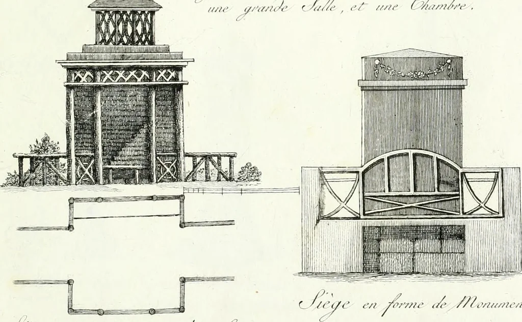 An illustration from Recueil de dessins d'une execution peu dispendieuse : contenans des plans de petites maisons de campagne, petits pavillons de jardins, temples, hermitages, chaumieres, monumens, obélisques, ruines, portails, portes, grilles, bancs de jardins, chaises, volieres, gondoles, ponts, etc. : ouvrage intéressant pour cette classes d'amateurs, qui sans faire de grandes dépenses, sont pourtant bien aises d'embellir leurs jardins d'ornamens nouveaux et pleins de goût, 1805, leaf 46