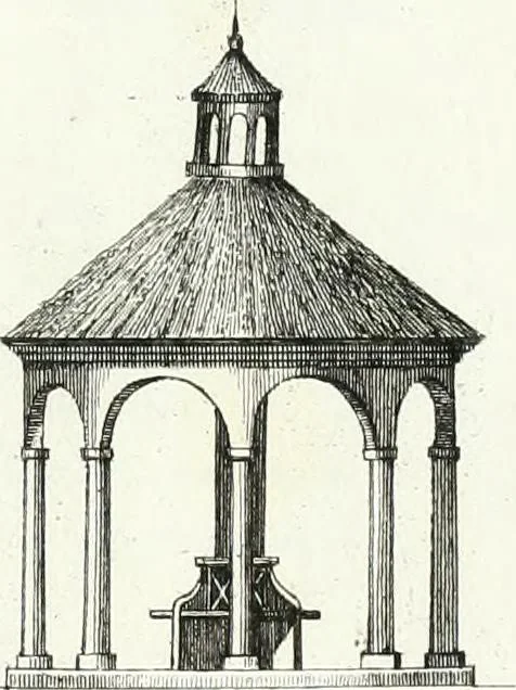 An illustration from Recueil de dessins d'une execution peu dispendieuse : contenans des plans de petites maisons de campagne, petits pavillons de jardins, temples, hermitages, chaumieres, monumens, obélisques, ruines, portails, portes, grilles, bancs de jardins, chaises, volieres, gondoles, ponts, etc. : ouvrage intéressant pour cette classes d'amateurs, qui sans faire de grandes dépenses, sont pourtant bien aises d'embellir leurs jardins d'ornamens nouveaux et pleins de goût, 1805, leaf 46