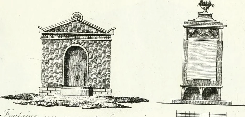 An illustration from Recueil de dessins d'une execution peu dispendieuse : contenans des plans de petites maisons de campagne, petits pavillons de jardins, temples, hermitages, chaumieres, monumens, obélisques, ruines, portails, portes, grilles, bancs de jardins, chaises, volieres, gondoles, ponts, etc. : ouvrage intéressant pour cette classes d'amateurs, qui sans faire de grandes dépenses, sont pourtant bien aises d'embellir leurs jardins d'ornamens nouveaux et pleins de goût, 1805, leaf 48