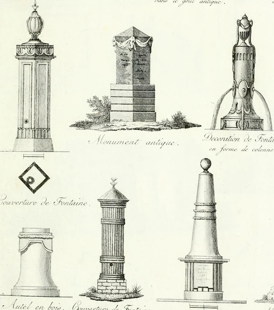An illustration from Recueil de dessins d'une execution peu dispendieuse : contenans des plans de petites maisons de campagne, petits pavillons de jardins, temples, hermitages, chaumieres, monumens, obélisques, ruines, portails, portes, grilles, bancs de jardins, chaises, volieres, gondoles, ponts, etc. : ouvrage intéressant pour cette classes d'amateurs, qui sans faire de grandes dépenses, sont pourtant bien aises d'embellir leurs jardins d'ornamens nouveaux et pleins de goût, 1805, leaf 48