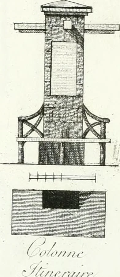 An illustration from Recueil de dessins d'une execution peu dispendieuse : contenans des plans de petites maisons de campagne, petits pavillons de jardins, temples, hermitages, chaumieres, monumens, obélisques, ruines, portails, portes, grilles, bancs de jardins, chaises, volieres, gondoles, ponts, etc. : ouvrage intéressant pour cette classes d'amateurs, qui sans faire de grandes dépenses, sont pourtant bien aises d'embellir leurs jardins d'ornamens nouveaux et pleins de goût, 1805, leaf 48