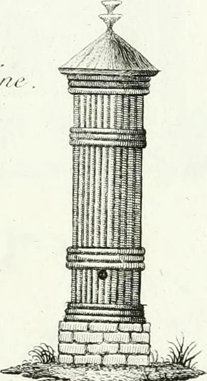 An illustration from Recueil de dessins d'une execution peu dispendieuse : contenans des plans de petites maisons de campagne, petits pavillons de jardins, temples, hermitages, chaumieres, monumens, obélisques, ruines, portails, portes, grilles, bancs de jardins, chaises, volieres, gondoles, ponts, etc. : ouvrage intéressant pour cette classes d'amateurs, qui sans faire de grandes dépenses, sont pourtant bien aises d'embellir leurs jardins d'ornamens nouveaux et pleins de goût, 1805, leaf 48