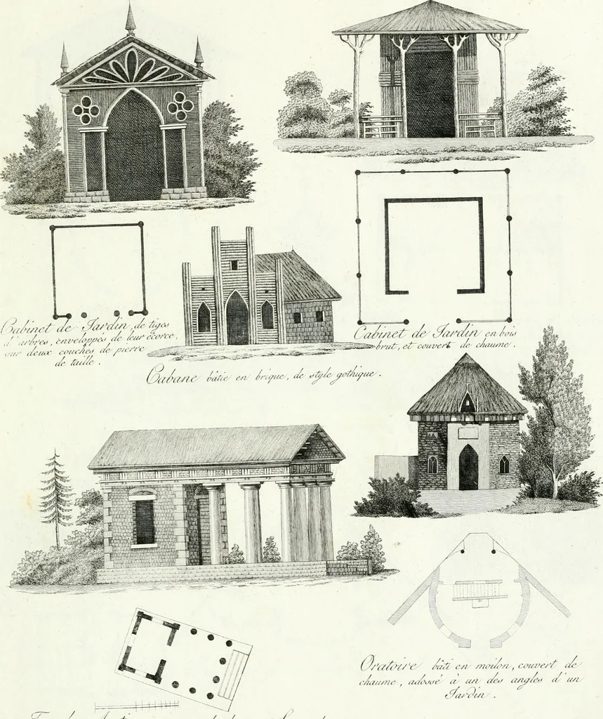 An illustration from Recueil de dessins d'une execution peu dispendieuse : contenans des plans de petites maisons de campagne, petits pavillons de jardins, temples, hermitages, chaumieres, monumens, obélisques, ruines, portails, portes, grilles, bancs de jardins, chaises, volieres, gondoles, ponts, etc. : ouvrage intéressant pour cette classes d'amateurs, qui sans faire de grandes dépenses, sont pourtant bien aises d'embellir leurs jardins d'ornamens nouveaux et pleins de goût, 1805, leaf 50