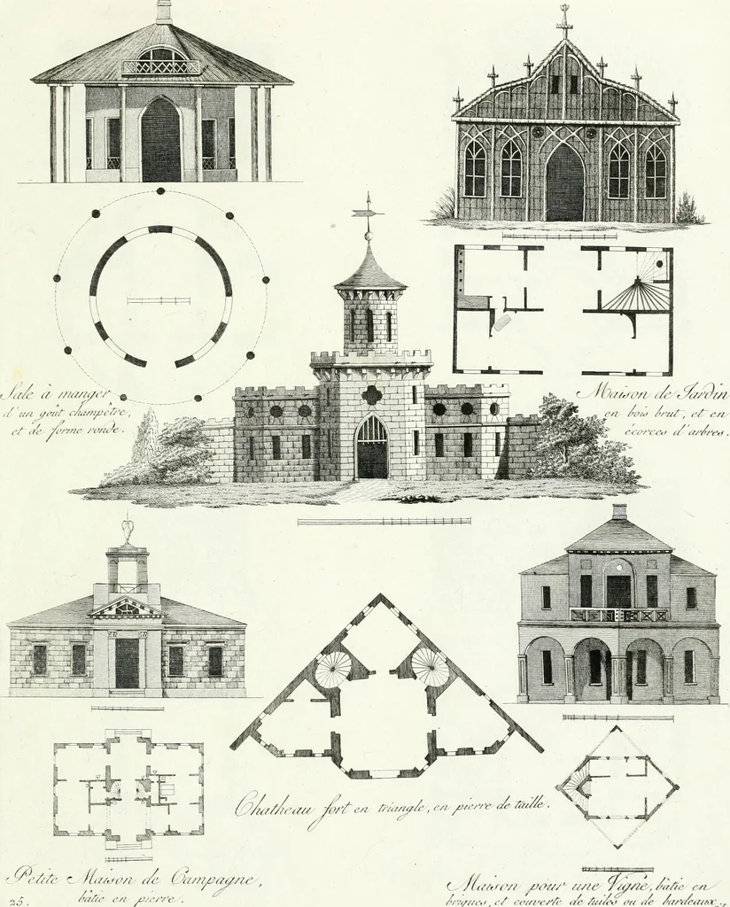 An illustration from Recueil de dessins d'une execution peu dispendieuse : contenans des plans de petites maisons de campagne, petits pavillons de jardins, temples, hermitages, chaumieres, monumens, obélisques, ruines, portails, portes, grilles, bancs de jardins, chaises, volieres, gondoles, ponts, etc. : ouvrage intéressant pour cette classes d'amateurs, qui sans faire de grandes dépenses, sont pourtant bien aises d'embellir leurs jardins d'ornamens nouveaux et pleins de goût, 1805, leaf 52