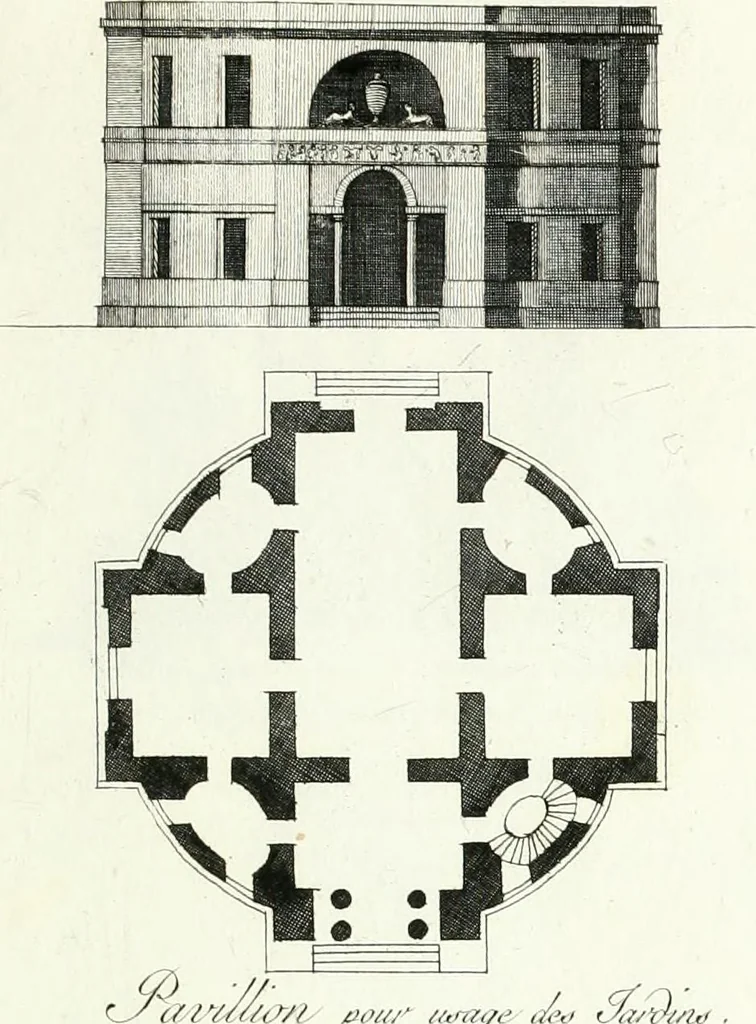 An illustration from Recueil de dessins d'une execution peu dispendieuse : contenans des plans de petites maisons de campagne, petits pavillons de jardins, temples, hermitages, chaumieres, monumens, obélisques, ruines, portails, portes, grilles, bancs de jardins, chaises, volieres, gondoles, ponts, etc. : ouvrage intéressant pour cette classes d'amateurs, qui sans faire de grandes dépenses, sont pourtant bien aises d'embellir leurs jardins d'ornamens nouveaux et pleins de goût, 1805, leaf 54